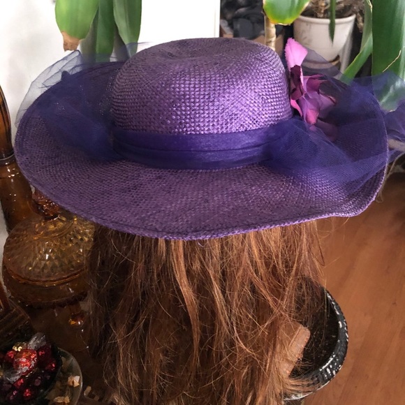 Vintage Wide Brim Purple Straw Derby Hat l main image 9